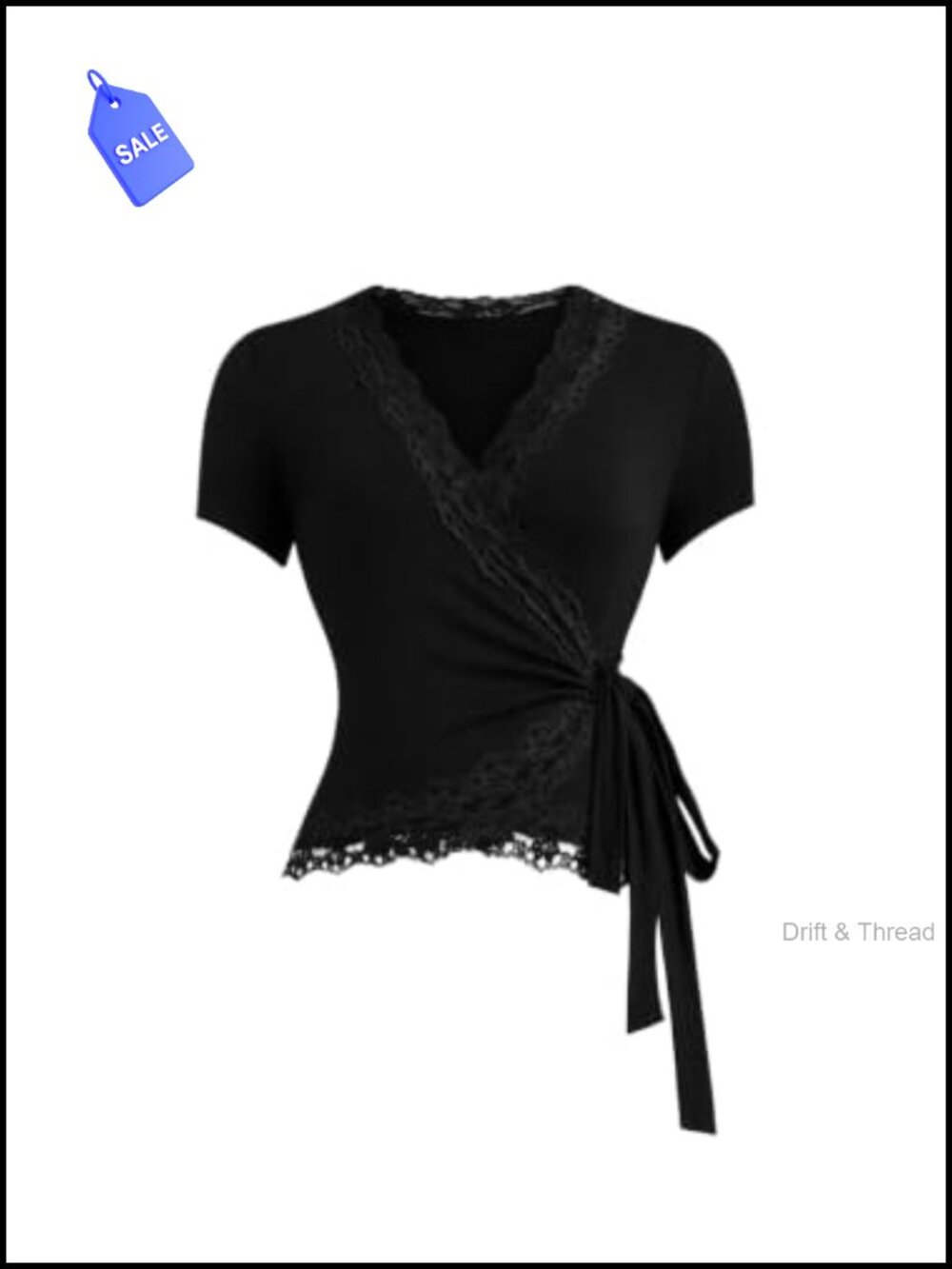 Women's Plus Size Y2k Lace Trim V Neck Wrap Tie Side Short Sleeve Tee